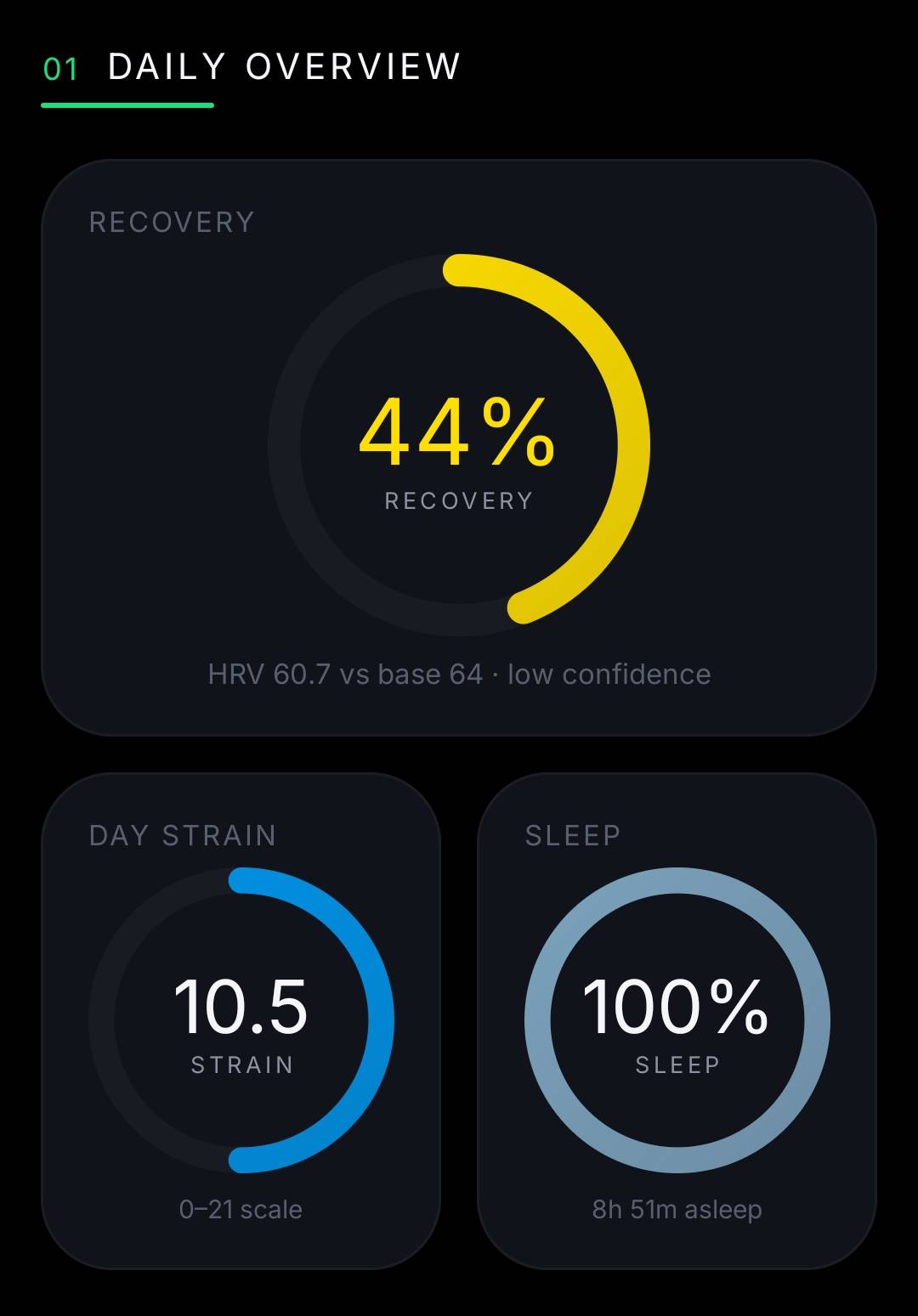 Android Daily Overview: Recovery 44% (yellow), Day Strain 10.5, Sleep 100%