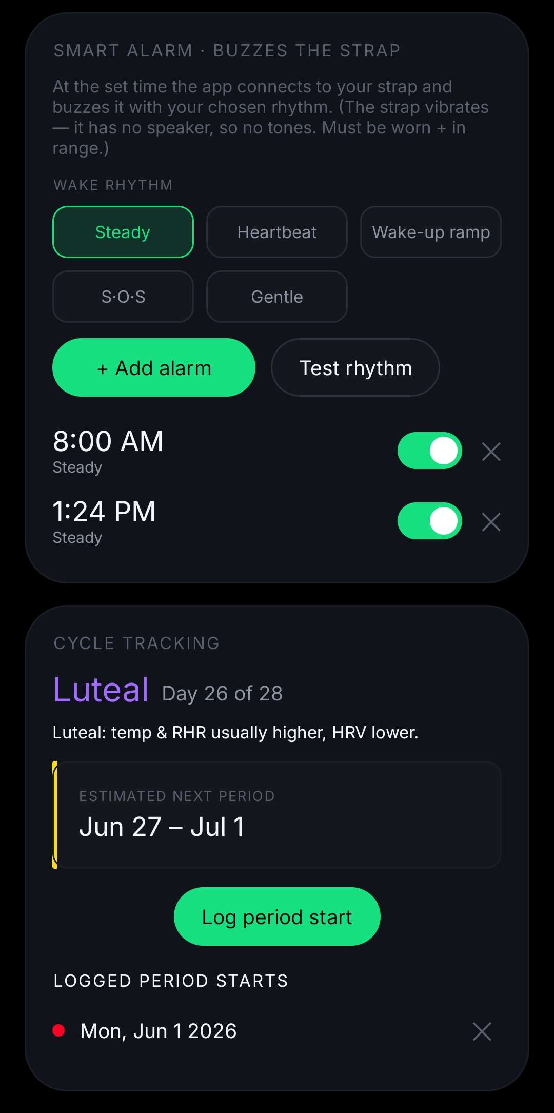 Android Smart Alarm: selectable wake rhythms (Steady, Heartbeat, Wake-up ramp, S.O.S, Gentle), a "Test rhythm" button, and a list of set alarms; below it, the Cycle Tracking card showing the luteal phase