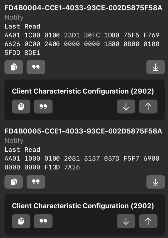 nRF Connect showing FD4B notify characteristics with raw AA01 hex frames as their last-read values