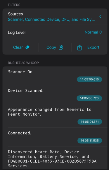 nRF Connect log: Scanner On, Device Scanned, Appearance changed to Heart Monitor, Connected, then Discovered the Heart Rate, Device Information, Battery and FD4B0001 services