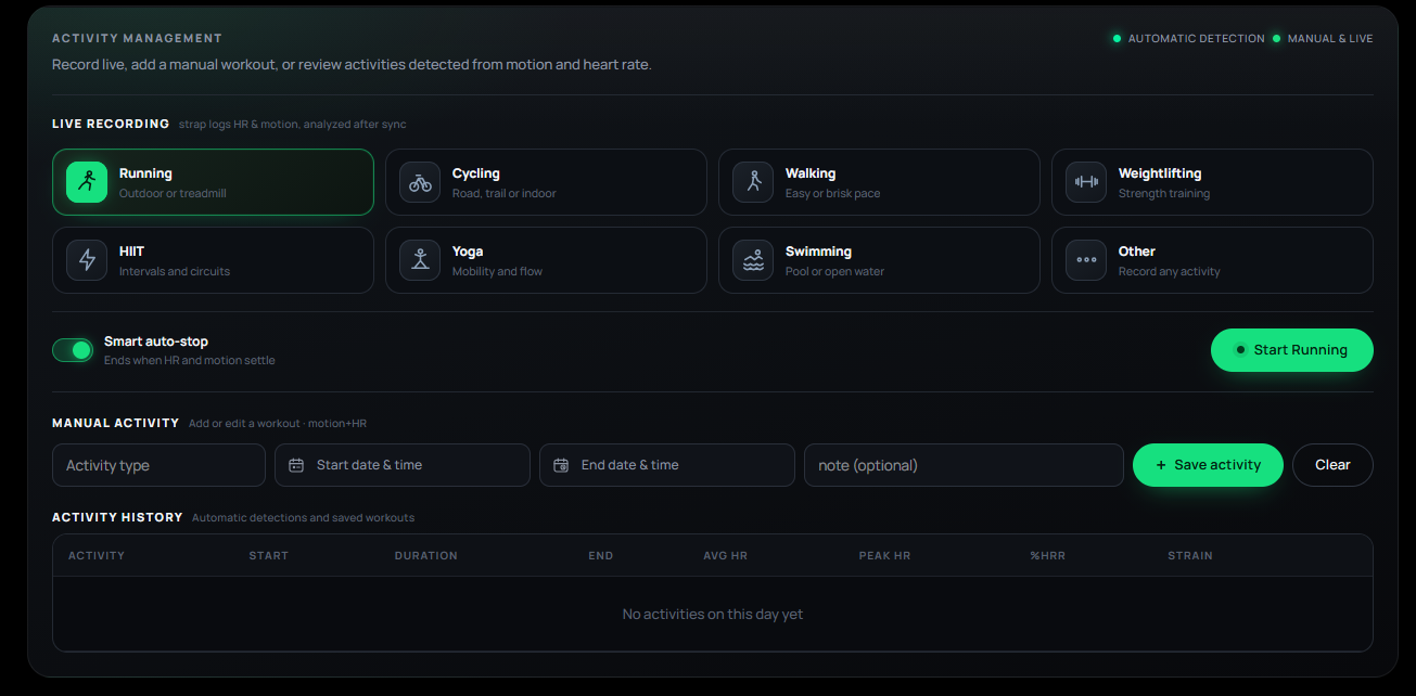 Web dashboard activity management: live recording with sport types, manual activity entry, and an activity history table